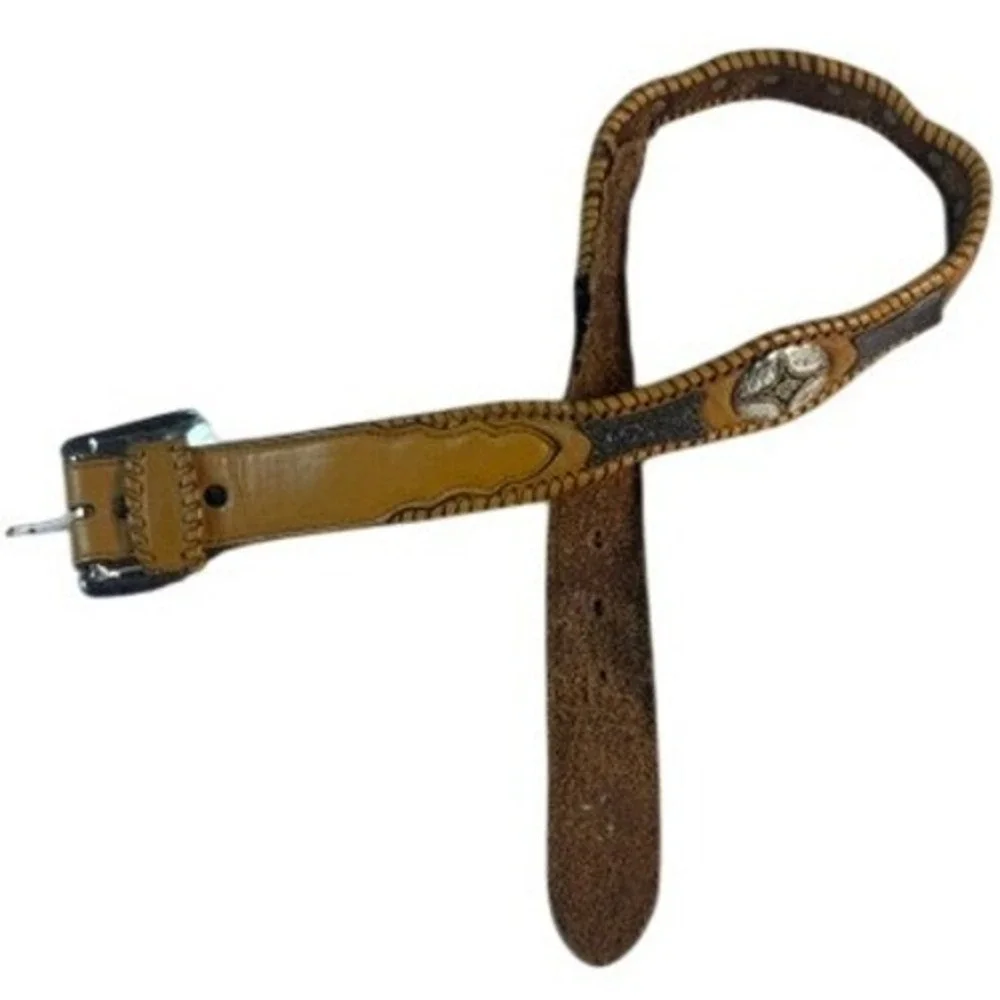 Vintage 1995 Western Tooled Leather Belt Size‎ 28 Whipstitch Two Tone Boho
